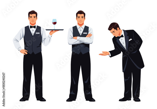 Set of vector illustrations of male waiters in professional service poses, ideal for restaurant branding, hospitality training, menus, and customer service marketing