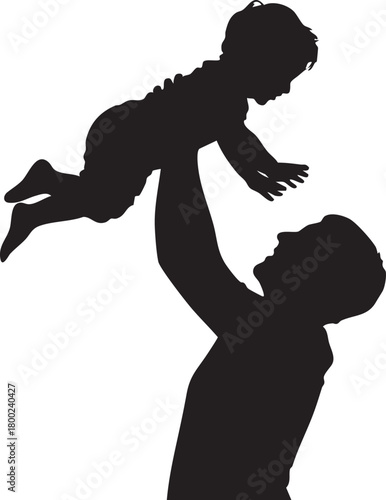 Silhouette of a father playfully hoisting his child high into the air against white