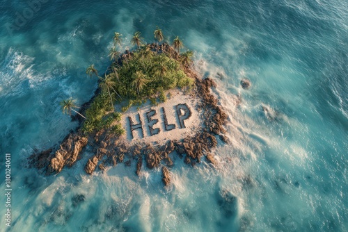 Aerial drone view of text help written on stranded castaway island surrounded by sea or ocean water 