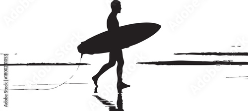 Silhouette of a surfer carrying his surfboard along the shore creates a striking monochrome image