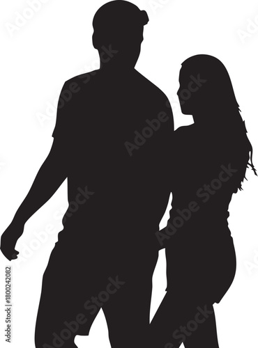 Silhouette shows a darkhaired woman near a larger male figure on transparent background