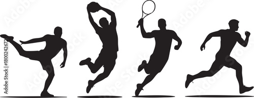 Silhouetted athlete kicks, a basketball player jumps, and a tennis player celebrates with runners displayed
