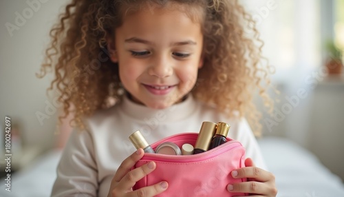 Young girl smiling while holding pink makeup bag with cosmetics  
