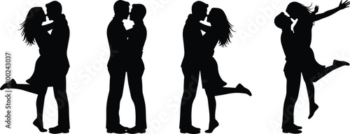 Romantic couple kissing, love silhouettes, affectionate poses, lifted leg gesture, black vector icons, flat design, Valentine theme, flat vector illustration