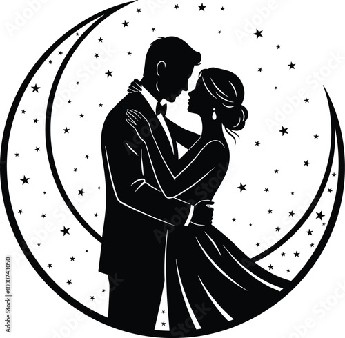 Romantic couple silhouette, moon and stars, elegant embrace, wedding theme, black vector design, dreamy night scene, flat vector illustration