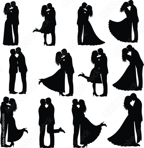 Romantic couple silhouettes, love poses, kissing and embracing, black vector icons, relationship theme, elegant design, flat vector illustration