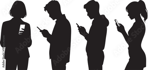Silhouetted woman and men in profile are each looking at their mobile phones now