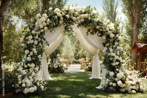 Beautiful white archway adorned with flowers and white fabric is situated in a lush green garden. The archway is the centerpiece of the garden, drawing attention with its elegant design