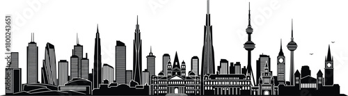 Black and white silhouette skyline of diverse modern and historical buildings city