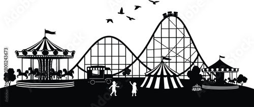 Black and white silhouette of an amusement park with carousel roller coaster and tents