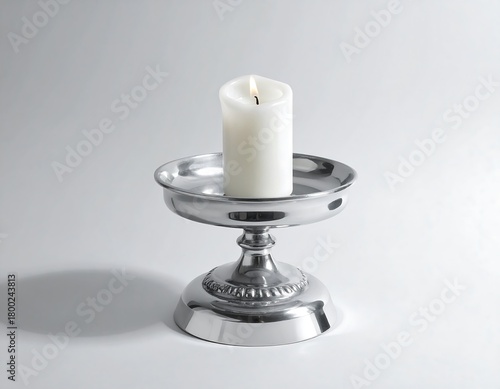 Elegant silver candlestick holder with a lit white candle casting soft shadows