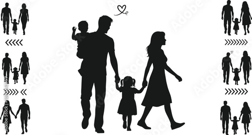 Black silhouette of a family walking together with a baby on father's shoulder and a child holding hands