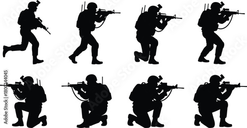 Black silhouette of soldiers in combat poses with rifles military
