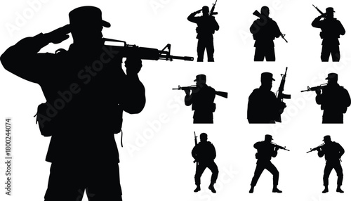 Black silhouette of soldiers in various poses with rifles on white background military
