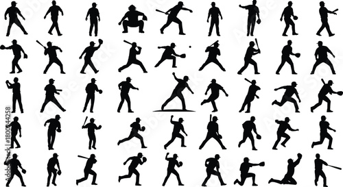 Black Silhouettes of Baseball Players in Various Poses and Actions black and white