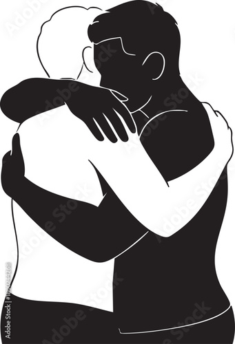 Two diverse individuals embrace, symbolizing support and connection with contrasting skin tones, transparent background