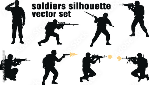 Black silhouettes of soldiers in various combat poses with weapons military army