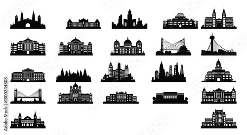Collection of black building silhouettes including castles bridges and city skylines