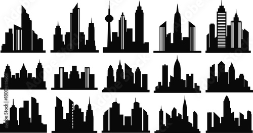 Collection of black city skyline silhouettes with varied skyscraper designs cityscape