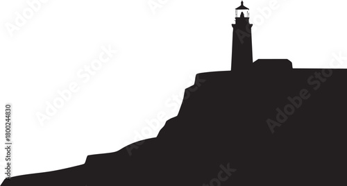A stark silhouette of a lighthouse perched atop a rocky cliff against white