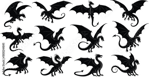 Collection of black dragons in various poses and flying positions fantasy creature