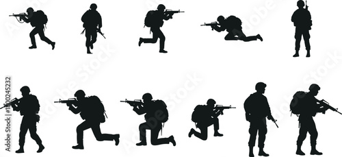 Collection of black silhouette soldiers in various combat poses with rifles and backpacks