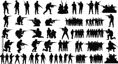 Collection of black silhouette soldiers in various poses with rifles military army