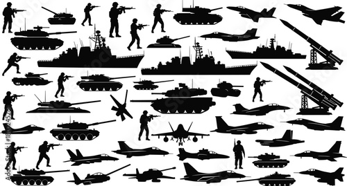 Collection of black silhouette military vehicles and soldiers army combat