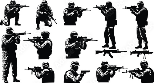 Collection of Black Silhouettes of Soldiers in Combat Poses with Rifles and Pistols
