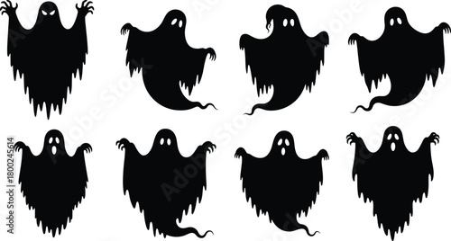 Eight Black Silhouette Ghosts With White Eyes And Jagged Bottom Edges halloween