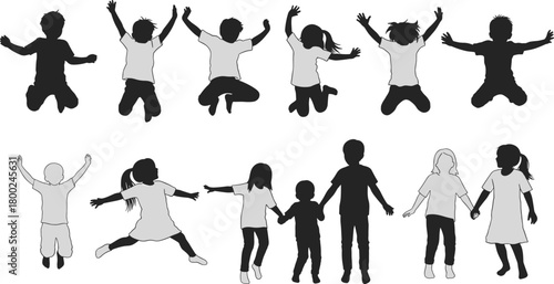 Diverse group of children silhouettes jumping and holding hands kids playing
