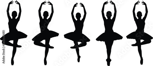 Five black silhouette ballerinas in various graceful poses on white background ballet dancer