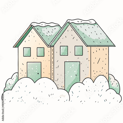Two houses covered in snow with white fluffy snowdrifts  