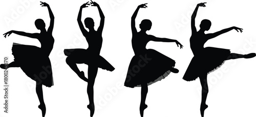 Four black silhouettes of ballerinas in various dance poses on white background ballet