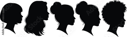 Five Black Silhouette Profiles of Women with Diverse Hairstyles woman female