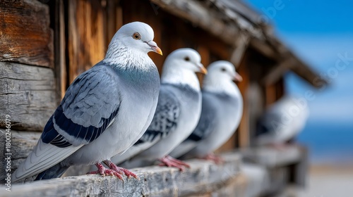 Pigeons perching on wooden dovecote wall