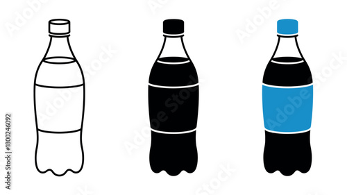 Three stylized bottles of soda, rendered in outline, silhouette, and color.