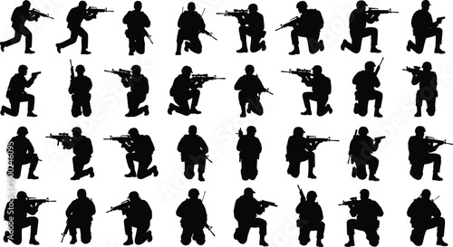 Silhouette collection of soldiers in various combat poses with rifles and handguns