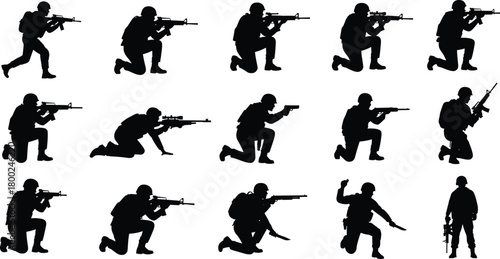 Silhouette soldiers in various combat poses with rifles and weapons soldier silhouette