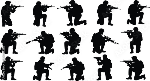 Silhouette soldiers kneeling with rifles and pistols on white background military