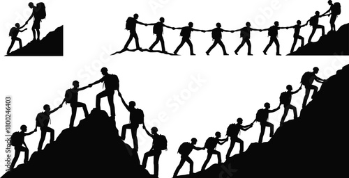 Silhouettes of hikers helping each other climb steep rocky mountains climbing
