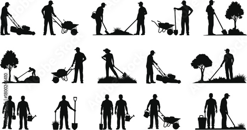 Silhouettes of people engaged in various gardening and lawn care activities mowing