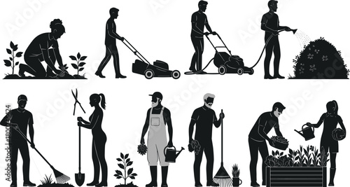Silhouettes of people gardening and performing yard work with tools and plants planting
