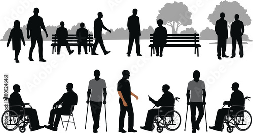 Silhouettes of people in a park including individuals with mobility aids and on benches