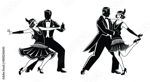 Two couples dancing the Charleston in 1920s attire black silhouette art deco black and white