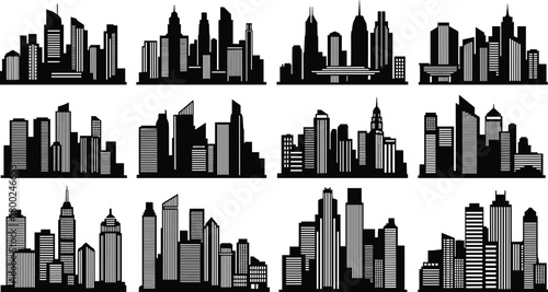 Twelve Black Silhouette City Skylines with Various Building Heights and Window Patterns