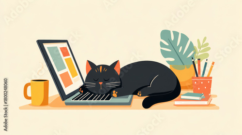 A cute cartoon cat sleeping on a laptop, surrounded by office supplies
