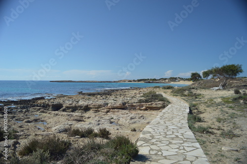 Picturesque coastal pathway leading to a rocky shore and clear blue sea under sunny sky, serene nature landscape, copy space