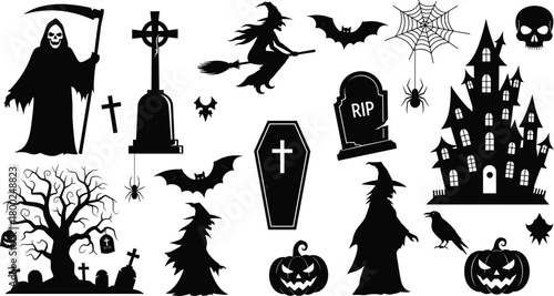 Halloween spooky silhouette collection with haunted house, witch, grim reaper, bats, pumpkins, cemetery elements, spider webs, scary decorations