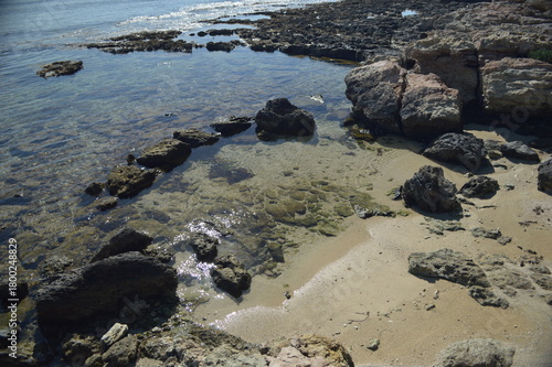 Close-up view of rocky shore with clear tidal pools and sparkling sand under bright sunlight, tranquil coastal landscape, copy space
